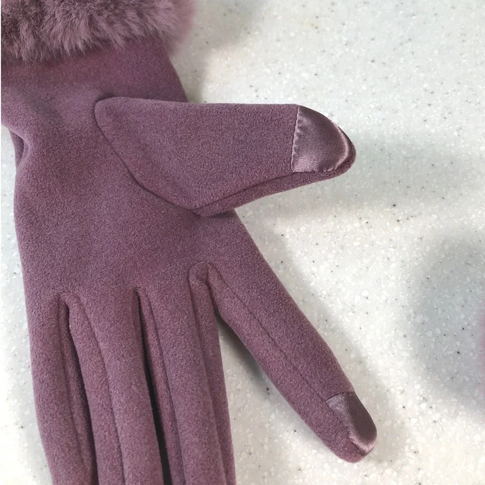 Dusty Mauve Purple Faux Fur Trim Touchscreen Gloves Womens Winter Chic Coquette